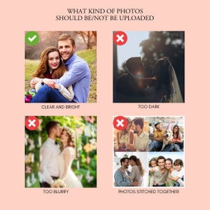 Puede incluir: Una gu&iacute;a sobre qu&eacute; tipo de fotos se deben y no se deben cargar. Una marca de verificaci&oacute;n indica una foto clara y brillante de una pareja. Una X indica una foto que est&aacute; demasiado oscura, demasiado borrosa o fotos unidas.