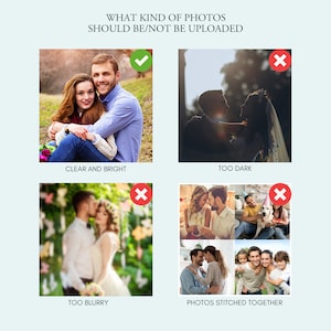 Puede incluir: Una gu&iacute;a sobre qu&eacute; tipo de fotos se deben y no se deben cargar. Una marca de verificaci&oacute;n indica una foto clara y brillante de una pareja. Una X indica una foto que est&aacute; demasiado oscura, demasiado borrosa o fotos unidas.