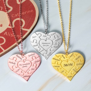 Personalized Sterling Silver Heart Puzzle Name Necklace, Family Friendship Mother Day Love Gift,Best Friends BFF Necklace Engraved 1-12 Name