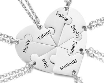 Personalized Name Heart Puzzle Necklace, Best Friends Keychain BFF Necklace For 2/3/4/5/6/7/8, Family Friendship Love Pendants Keyring Gift