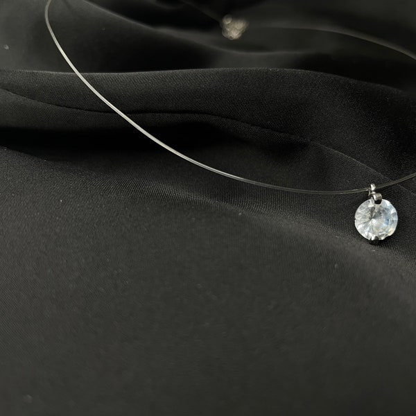 Floating illusion necklace, solitaire crystal pendant, chocker invisible fishing wire,ZC on Invisible cord,Diamond effect necklace