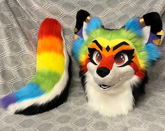 premade rainbow fox fursuit head and tail