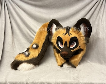 premade african wild dog fursuit head and tail