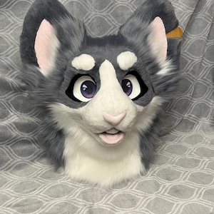 May include: A gray and white furry animal head with large ears, black eyes, and a pink nose. The head is made of plush fabric and has a realistic appearance.