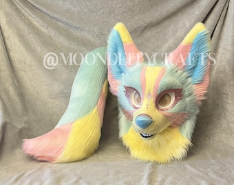 premade pastel wolf fursuit head and tail