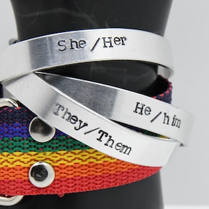 Aluminum bracelet- Pronoun bracelet, skinny funny metal cuff, gift for friend, own it, profanity wear