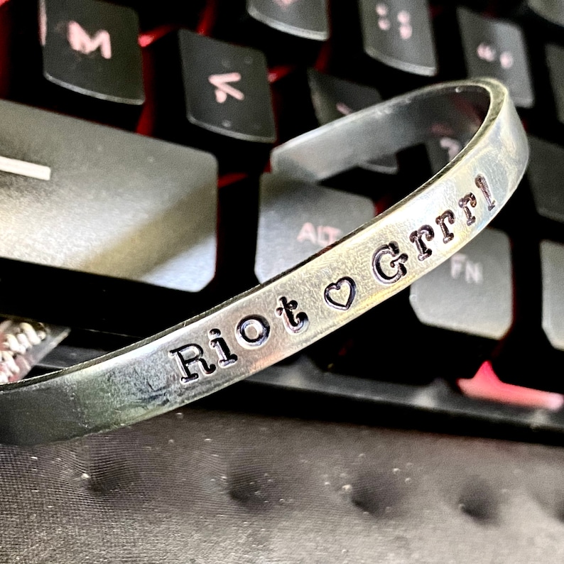 Riot Grrrl Bracelet, optional custom personization, 90s movement, women's rights, feminist jewelry, alt skinny metal cuff 