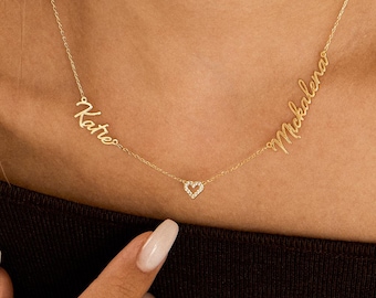 Two Name Heart Necklace, Personalized Double Name Jewelry, Personalized Gold Name Necklace, Minimalist Name Heart Necklace, Christmas Gift