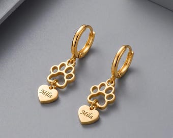 Personalized Pet Name Earrings, Paw Print Hoop Earrings, Custom Dog Mom Jewelry, Cat Memorial Gift, Pet Lover Gift for Her