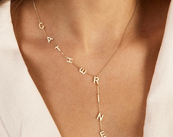 14K Gold Name Necklace, Lariat Y Necklace, Long Drop Necklace, Initial Letter Necklace, Custom Necklace, Personalize Jewelry Gift Her Women