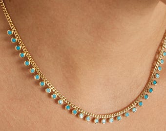 Turquoise Drop Necklace, Turquoise Beaded Choker, Dainty Layered Necklace, Christmas Gift, Bohemian Turquoise Necklace, Gold Blue Necklace