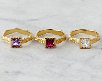 Birthstone Ring for Mother's, Vintage Birthstone Jewelry, Dainty Classic Antique Ring, Square Birthstone Nostalgic Ring, Christmas Gift Mom