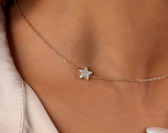 18k Gold Plated Star Necklace, Dainty Star Sideway Necklace, Christmas Gift, Tiny Gold Plated Star Necklace