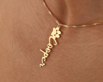 Custom Paw Print Name Necklace, Cat Dog Paw Name Necklace, Dainty Vertical Pet Name Necklace, Cat Lovers For Necklace, Mothers Day Gift