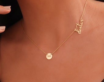 Gold Custom Zodiac Name Necklace, Name Necklace Next To Zodiac Sign, Personalized Zodiac Name Necklace, Dainty Gold Name Pendant