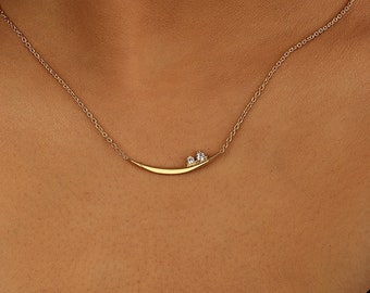 Half Moon Necklace With Two Stone, 2 Stone Bar Necklace, Handmade Jewelry, Sterling Silver Diamond Necklace, Sideway Bar Pendant