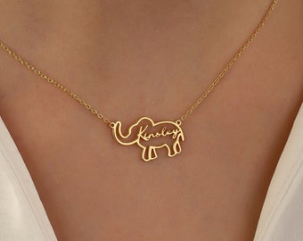 Elephant Name Necklace, Lucky Elephant Necklace, Gold Nameplate Elephant Necklace, Protective Jewelry, Name Necklace for Elephant Lovers