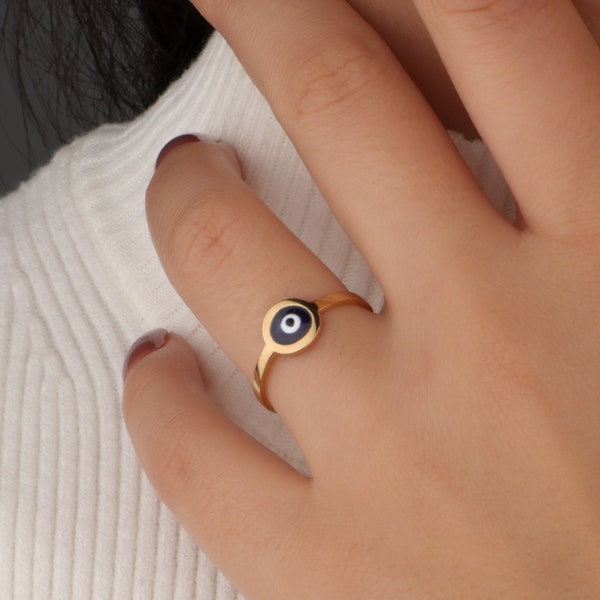 Dainty Evil Eye Bead Ring, Protective Luck Ring, Gold Plated Evil Eye Bead Ring, Gift for Mom, Christmas Gift, For Mother Protective Ring