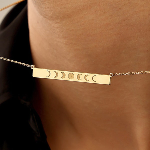Gold Bar Necklace With Moon Phase, Moon Phase Necklace, Moon Necklace, Sterling Silver, Astrology Jewelry