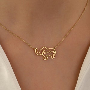 Elephant Name Necklace, Animal Name Necklace, Gold Nameplate Elephant Necklace, Protective Jewelry, Elephant Lovers Pendant