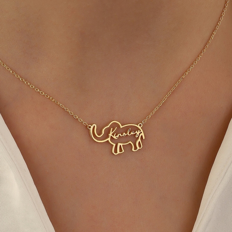 Elephant Name Necklace, Animal Name Necklace, Gold Nameplate Elephant Necklace, Protective Jewelry, Elephant Lovers Pendant