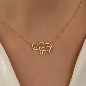 Elephant Name Necklace, Lucky Elephant Necklace, Gold Nameplate Elephant Necklace, Protective Jewelry, Name Necklace for Elephant Lovers