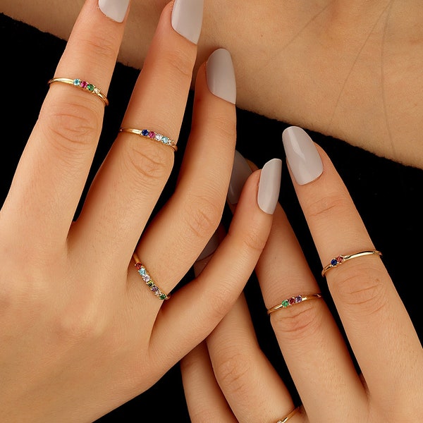 Colorful Birthstone Ring, Custom Gold Birthstone Ring, 2mm Birthstone Ring, Personalized Multi-Stone Jewelry, Dainty Gemstone Ring