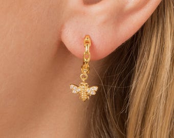 Dainty Gold Bee Hoop Earrings: Cubic Zirconia Honeybee Charm