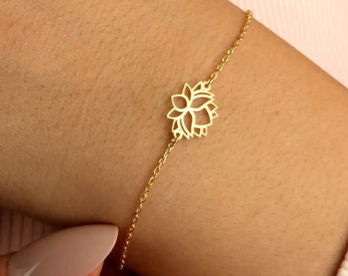Elegant Flower Lotus Bracelet, Minimalist Lotus Floral Bracelet, Kids For Gift Bracelet, Christmas Gift, Personalized Jewelry, Dainty Gift