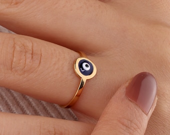 Dainty Evil Eye Bead Ring, Protective Luck Ring, Gold Plated Evil Eye Bead Ring, Gift for Mom, Christmas Gift, Mother for Protective Ring