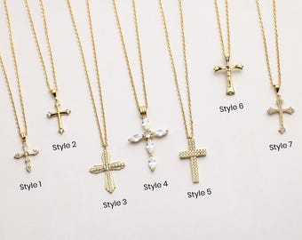 Diamond Cross Necklace, Dainty Pave Cross Necklace, Christening Gifts, Gold Minimalist Cross, Cz Cross Jewelry, Christmas Gift