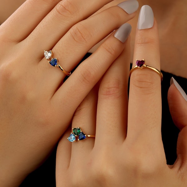 Birthstone Heart Ring, Custom Birthstone Ring, Heart Cluster Ring, Gemstone Ring for Woman, Dainty Birthstone Jewelry
