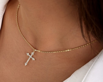 Dainty Stone Cross Necklace, Elegant Cross Pendant, Sterling Silver Protective Necklace, Dainty Minimalist Stone Necklace, Baptism Necklace