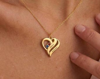 Personalized Heart Necklace, Family Birthstone Necklace, Necklace with Name and Date, Jewelry with Two Birthstones, Christmas Gift