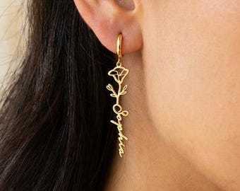 Birth Flower Name Earrings,Personalized Name Earrings,Custom Gold Name Jewelry,Birth Flower Earrings,Dangling Name Earrings,Christmas Gift