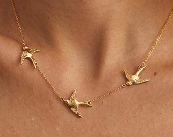 Gold Swallow Necklace, Dainty Bird Necklace, Freedom Symbol Necklace, Three-Bird Necklace, Gift for Her,Swallow Charm Necklace