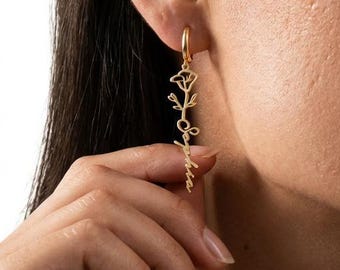 Personalized Name and Birthday Flower Earrings, Custom Name Earrings, Birthday Flower Earrings, Dangle Flower Earrings, Birthday Gift