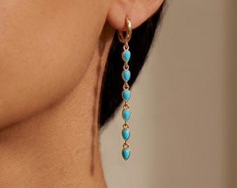 Turquoise Dangle Earrings,Long Gold Drop Earrings,Boho Teardrop Earrings,December Birthstone Jewelry,Summer Gift for Her,Blue Drop Earrings