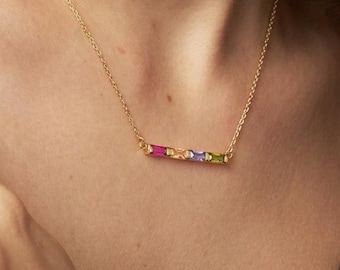 Birthstone Bar Necklace, Rainbow Birthstone Jewelry, Gold Baguette Birthstone Pendant, Family Birthstone Necklace, New Year's Gift