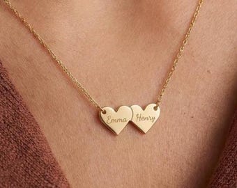 Heart Name Necklace, Personalized Double Heart Necklace, Two Name Necklace, Custom Family Necklace, Gift for Mom