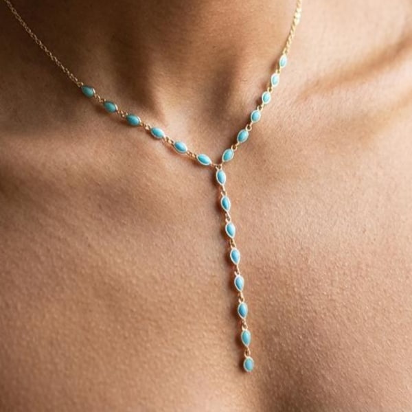 Turquoise Lariat Necklace, Dainty Y Necklace, Turquoise Teardrop Necklace,Minimalist Gold Necklace,Boho Blue Stone Jewelry,Mother's Day Gift