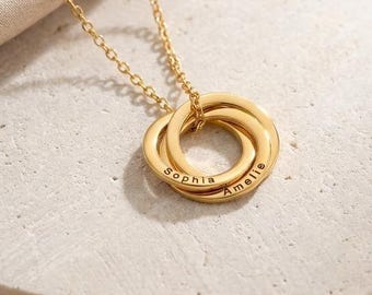 Interlocking Circle Necklace,Custom Family Name Necklace, Personalized Two Ring Necklace, Children Name Jewelry, Christmas Gift