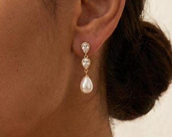 Diamond Pearl Drop Earrings, CZ Teardrop Earrings, Dainty Gold Pearl Earrings, Dainty Bridal Jewelry, Wedding Earrings, Gift for Her