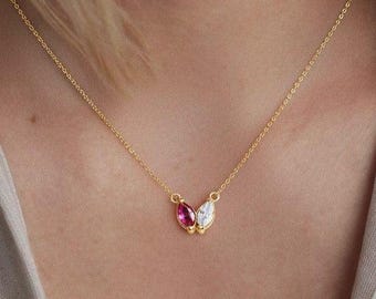 Custom Birthstone Necklace,12 Birthstone Options Gold Two-Stone Marquise Necklace,  Dainty Layering Necklace, Family Birthstone Necklace