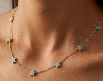 Turquoise Star Necklace,  Enamel Star Necklace,  Gold Turquoise Necklace,  Summer Beach Jewelry,  Gift for Women,  Multi- Star Necklace