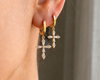 Diamond Cross Earrings, Dainty Cross Earrings, CZ Cross Dangle Earrings, Gold Cross Hoop Earrings, Cross Earrings for Men and Women