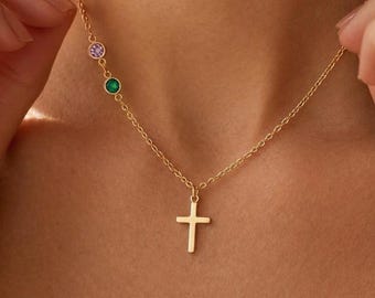 Birthstone Detailed Cross Necklace,Personalized Gold Cross Necklace,Multi- Birthstone Necklace,Baptism Gift,Family Birthstone Cross Necklace