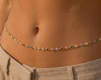 Colorful Birthstone Waist Chain, Multicolor Gemstone Belly Chain, Dainty Gold Body Jewelry, Beach Jewelry, Gift for Her