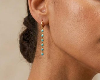 Turquoise Dangle Earrings,Gold Turquoise Earrings for Women,Blue Stone Earrings, Long Drop Earrings,Bohemian Summer Jewelry,New Year's Gift
