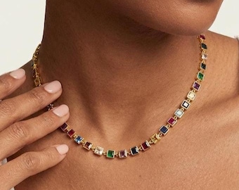 Colorful Gemstone Tennis Necklace,Dainty  Gold Rainbow Baguette Necklace, Square Stone Choker, Multicolor Statement Necklace, Gift for Her